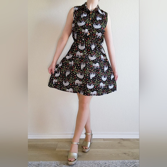Fun Forest Woodland Sloth Animal Print Midi Dress, Size M - Picture 3 of 12